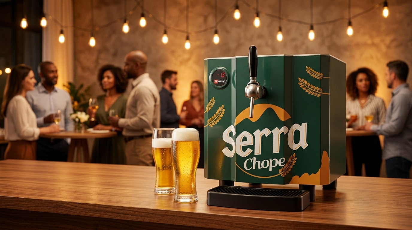 Chopeira Serra Chope em evento externo com pessoas ao fundo